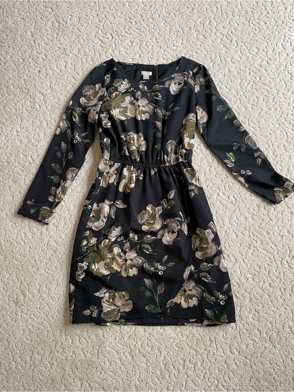 J. Crew Black Floral Long-Sleeve Dress
